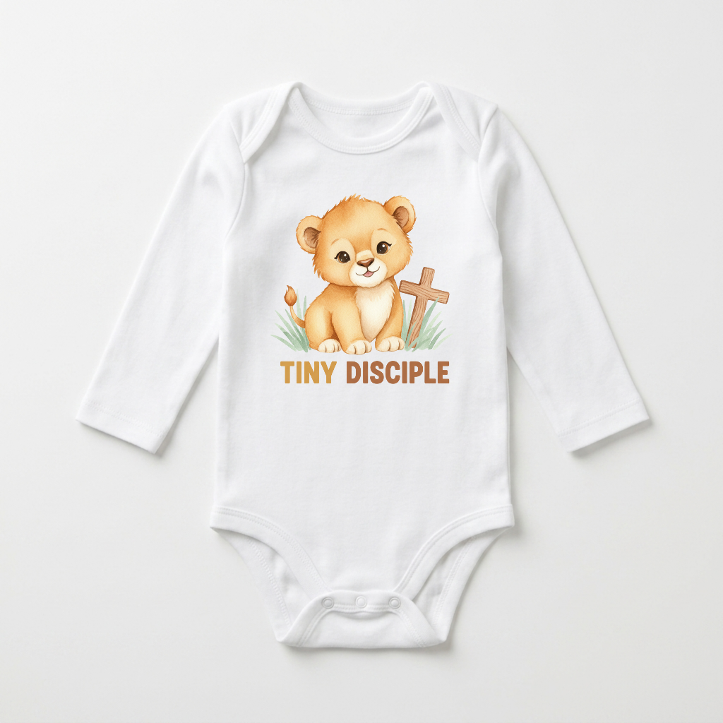 Long-Sleeve Christian Baby Onesie – Tiny Disciple Lion Bodysuit