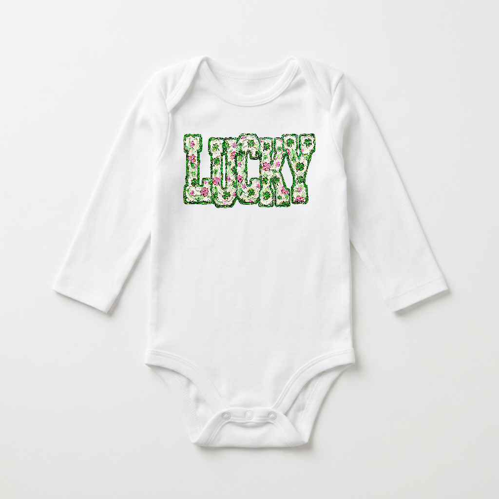 Long-Sleeve St. Patrick’s Day Baby Onesie – Lucky Floral Clover Bodysuit
