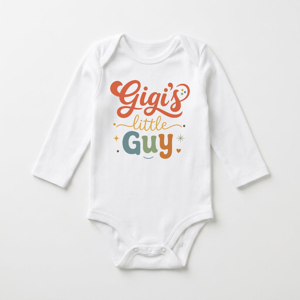 Dress your little one in the Toodleroos Long-Sleeve Gigi Baby Onesie – Gigi’s Little Guy Grandson Bodysuit, featuring playful, colorful text and charming stars and hearts; this adorable onesie is a perfect gift for your family’s newest grandson.