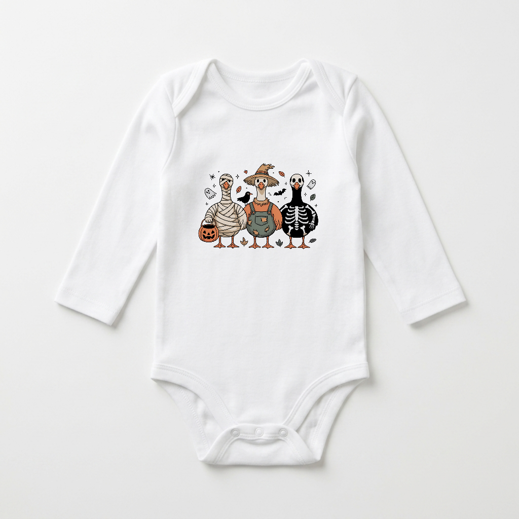 Long-Sleeve Halloween Baby Onesie – Costumed Goose Trio Bodysuit