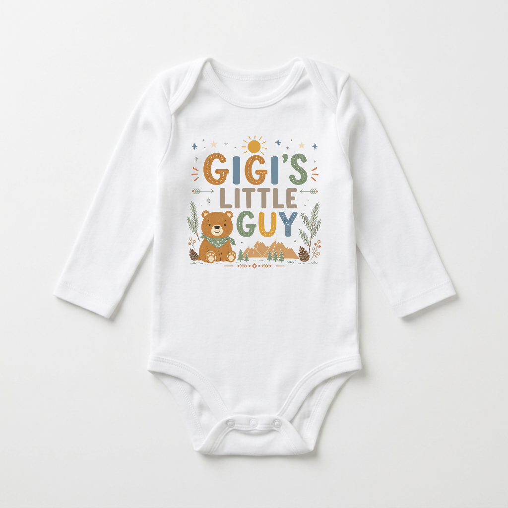 Long-Sleeve Gigi Baby Onesie – Gigi’s Little Guy Woodland Bear Bodysuit