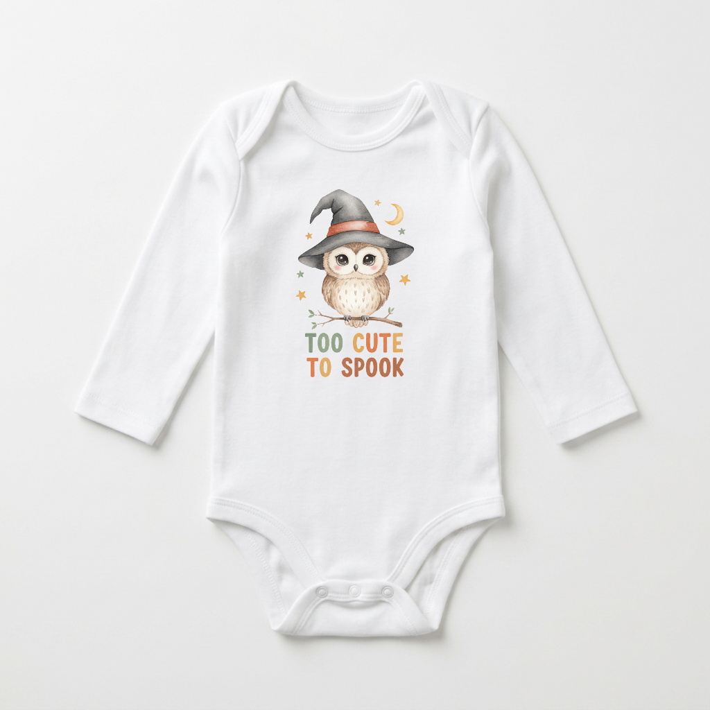 Dress your little one in the Toodleroos Long-Sleeve Halloween Baby Onesie – Too Cute to Spook Owl Bodysuit. This white baby onesie features a charming design of an owl wearing a witch hat, sitting beneath a crescent moon and stars, with “TOO CUTE TO SPOOK” written in orange letters below. The perfect first Halloween outfit for your baby!.