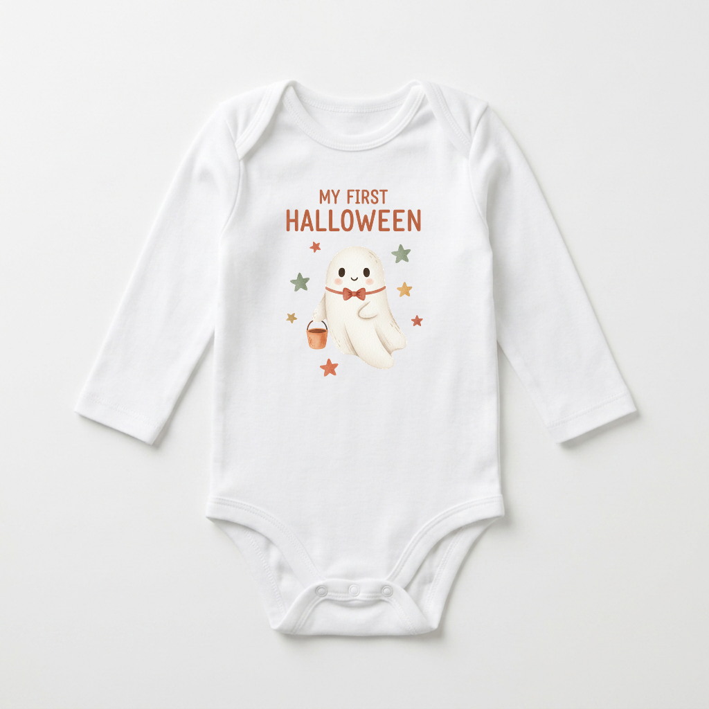 Celebrate your little one’s first spooky season with the Toodleroos Long-Sleeve Baby’s First Halloween Onesie – Cute Ghost Bodysuit, featuring a white design with “My First Halloween” text, a smiling ghost holding a candy bucket, and colorful stars printed on the front.