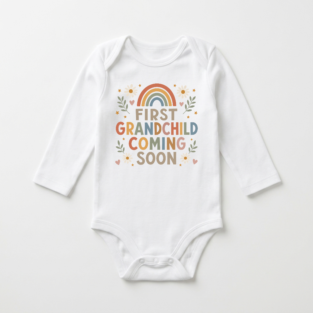 Celebrate your exciting news with the Toodleroos Long-Sleeve First Grandchild Pregnancy Announcement Onesie – Coming Soon. This white, gender-neutral onesie features colorful “First Grandchild Coming Soon” text beneath a cheerful rainbow, surrounded by hearts, flowers, and leaves—a charming way to share your first grandchild announcement in style.