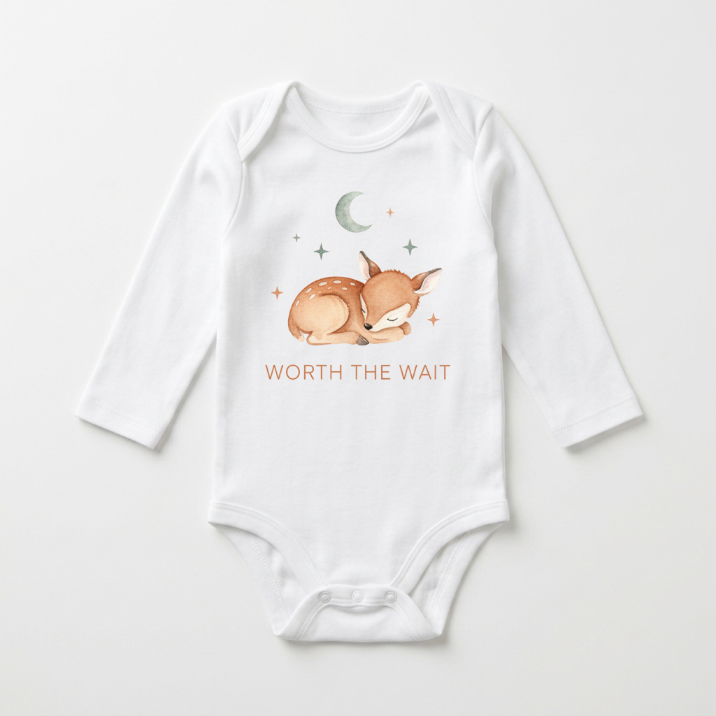 Long-Sleeve Woodland Baby Onesie – Worth the Wait Sleeping Deer Bodysuit