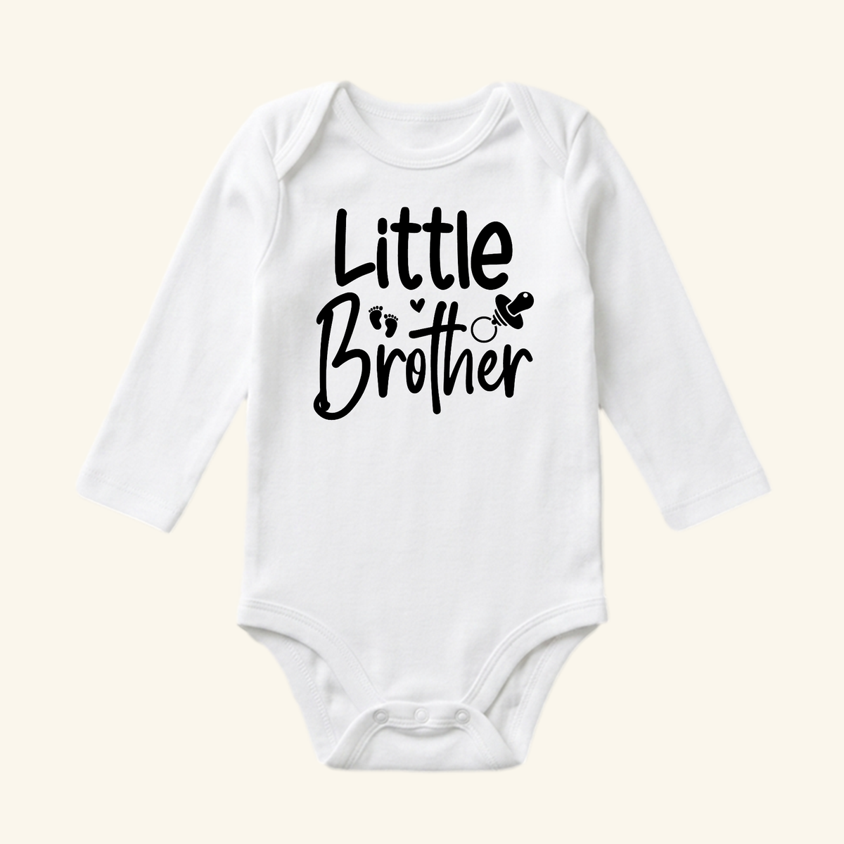 White long-sleeve Little Brother Baby Onesie – Sibling Bodysuit featuring black script text, two small footprints, and a pacifier icon.