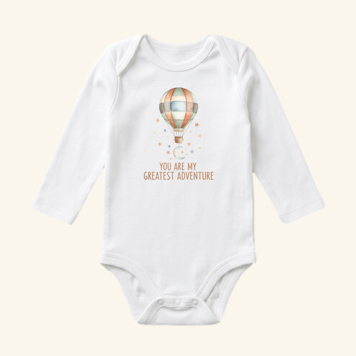 Toodleroos You Are My Greatest Adventure Baby Onesie – Hot Air Balloon Bodysuit, a white long-sleeve style featuring a hot air balloon graphic, a crescent moon, stars, and the text YOU ARE MY GREATEST ADVENTURE.