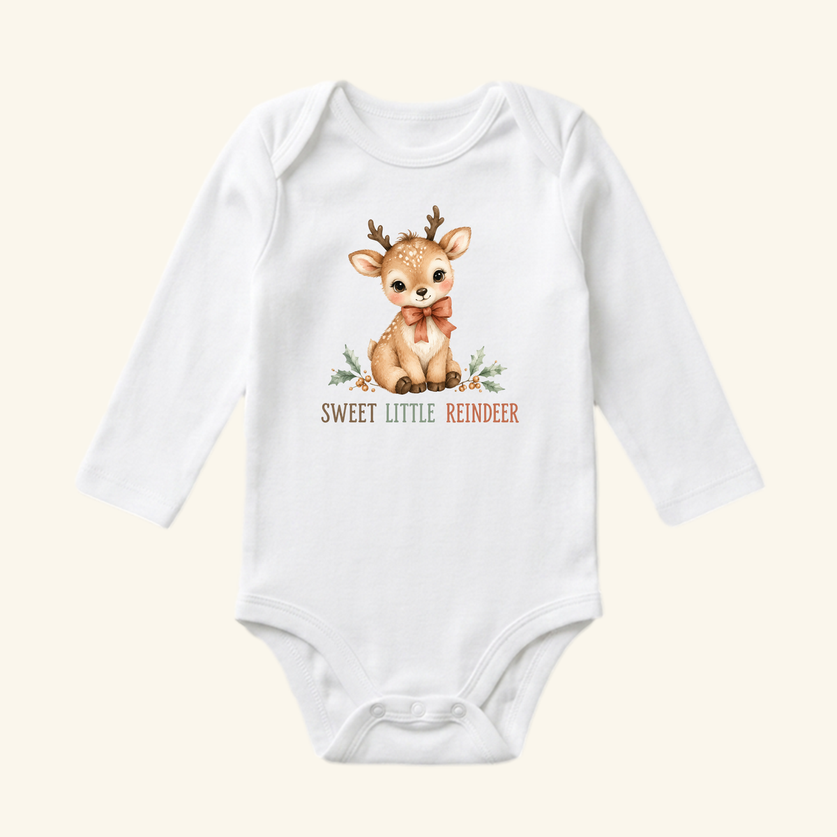 Celebrate your little one with the Toodleroos Christmas Reindeer Baby Onesie – Sweet Little Reindeer Bodysuit, featuring an adorable reindeer and festive floral accents—ideal as a Christmas baby gift.