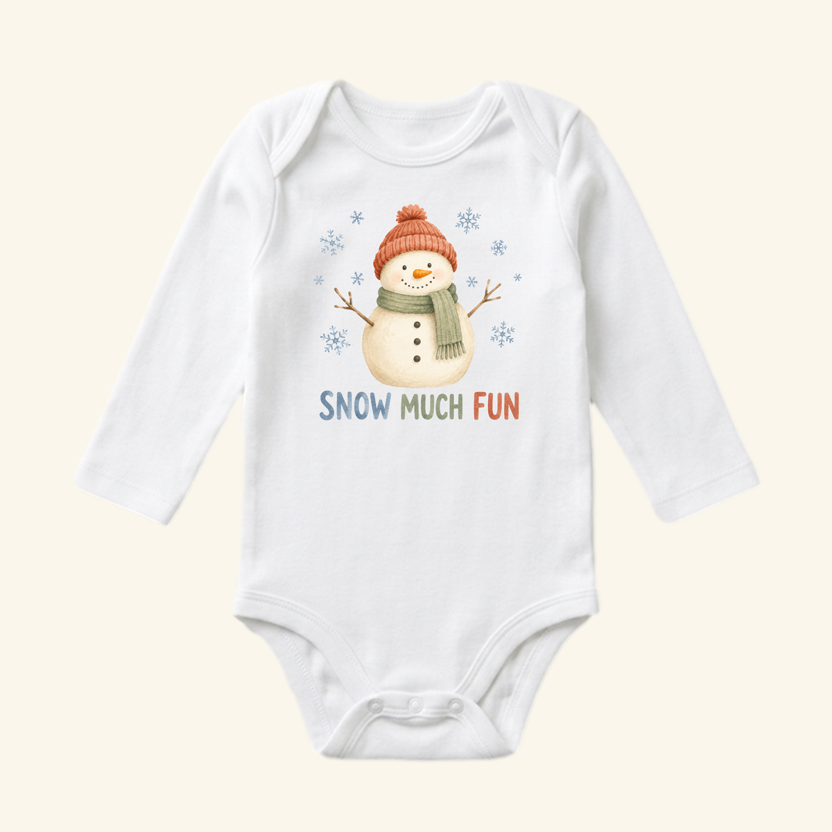 Toodleroos Snowman Baby Onesie – Snow Much Fun Winter Bodysuit features a smiling snowman in hat and scarf with snowflakes and colorful SNOW MUCH FUN text—an adorable winter outfit for babies!.