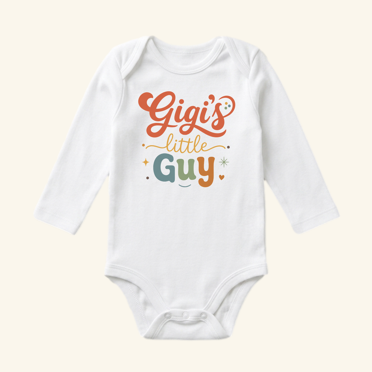 The Gigi’s Little Guy Baby Onesie – Grandson Bodysuit by Toodleroos features Gigis little guy in orange, yellow, and green—an adorable gift for baby showers or your special grandson.