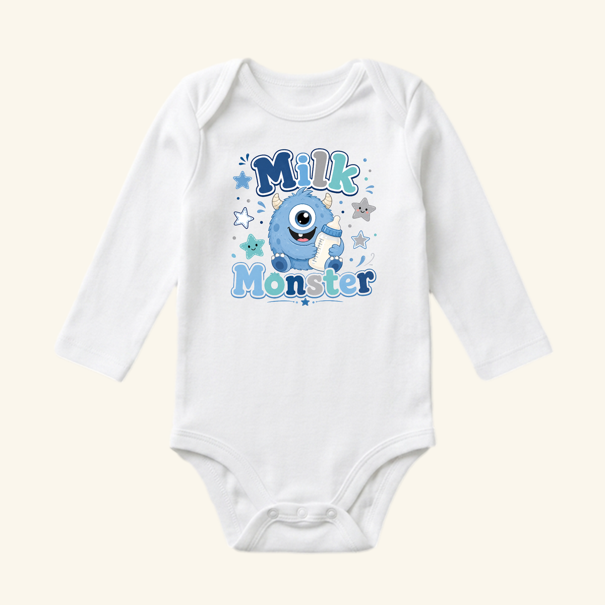 Toodleroos Funny Baby Onesie – Milk Monster Bodysuit featuring a white long-sleeve design with a graphic of a blue monster holding a baby bottle surrounded by stars.