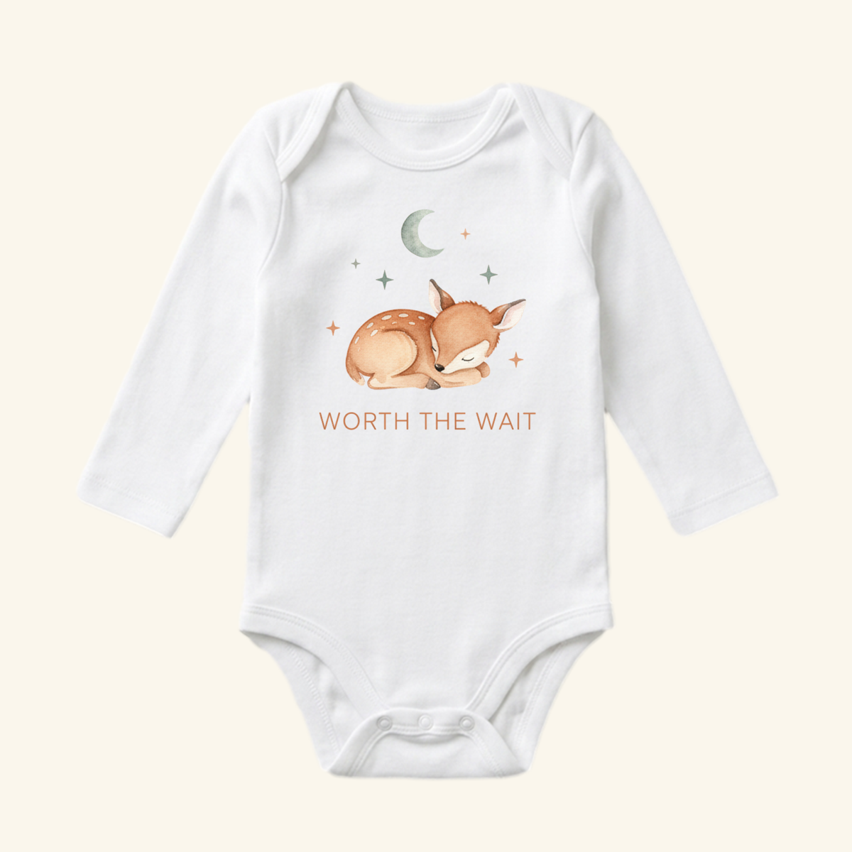 White long-sleeve Worth the Wait Baby Onesie – Sleeping Deer Bodysuit featuring a crescent moon, stars, and the text Worth the Wait.