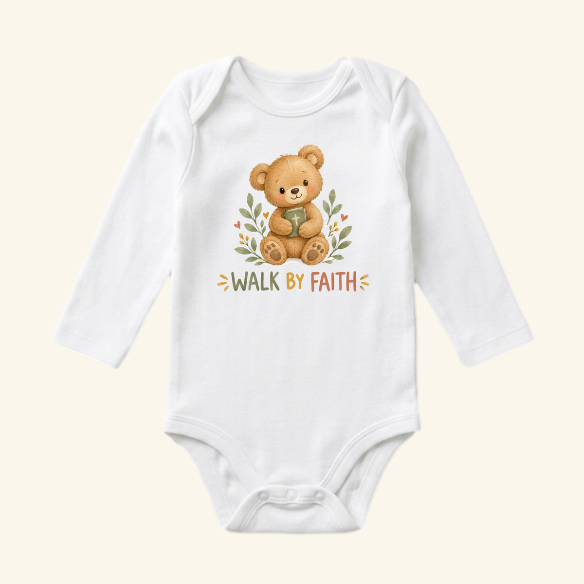 Dress your little one in the Toodleroos Christian Baby Onesie – Walk by Faith Bear Bodysuit, featuring a cute brown teddy bear, green leaves, and WALK BY FAITH—a perfect Christian baby gift.