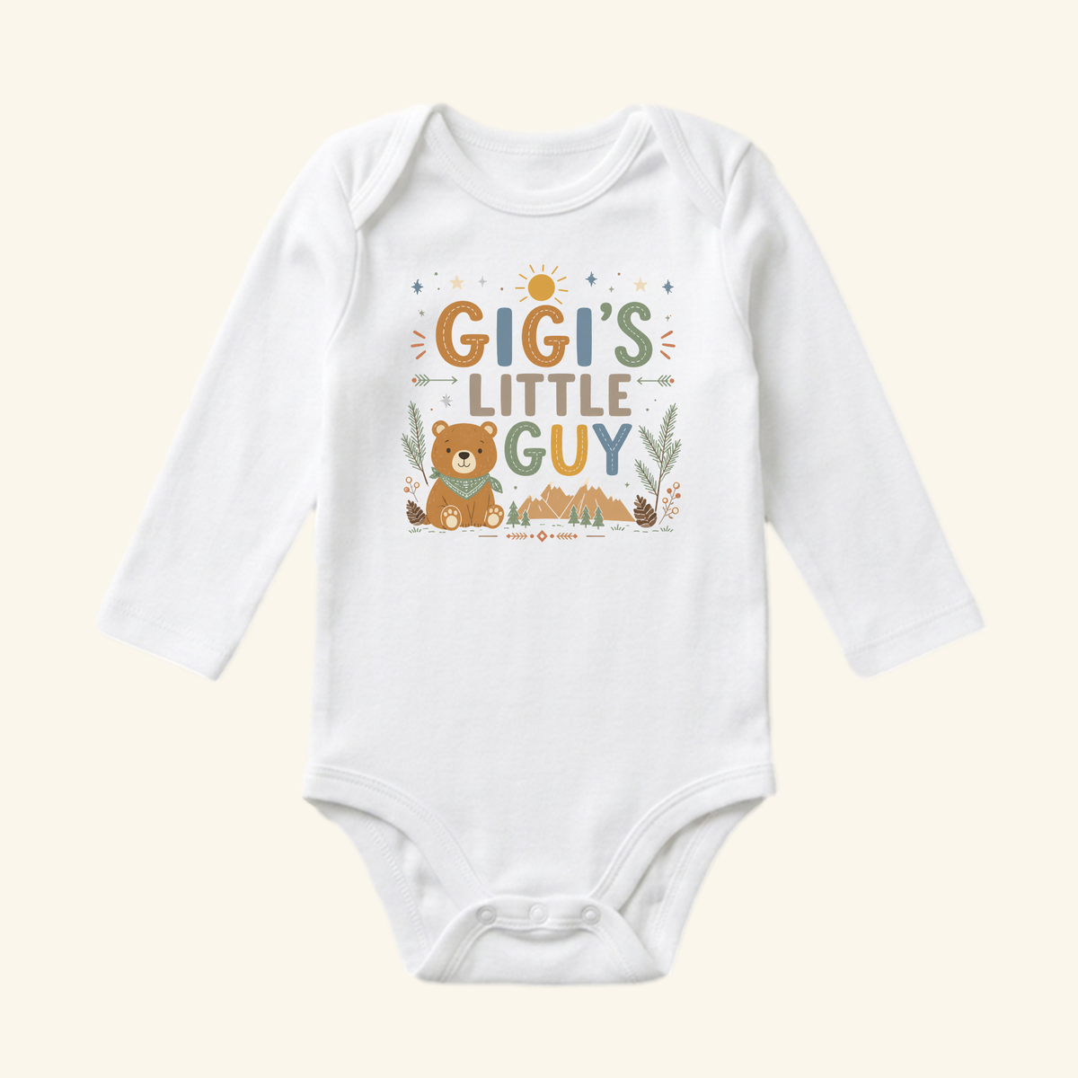 The Gigi’s Little Guy Baby Onesie – Woodland Bear Bodysuit by Toodleroos features Gigi’s Little Guy above a cute bear with green plants, mushrooms, and sun-rays—perfect for your little grandson!.