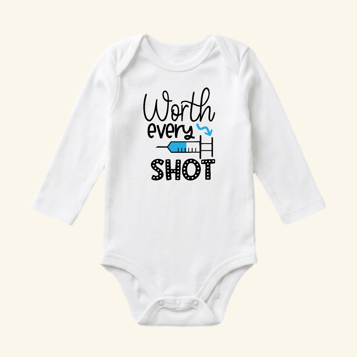 White long-sleeve IVF Baby Onesie – Worth Every Shot Fertility Journey Bodysuit featuring a syringe illustration and the text Worth Every Shot.
