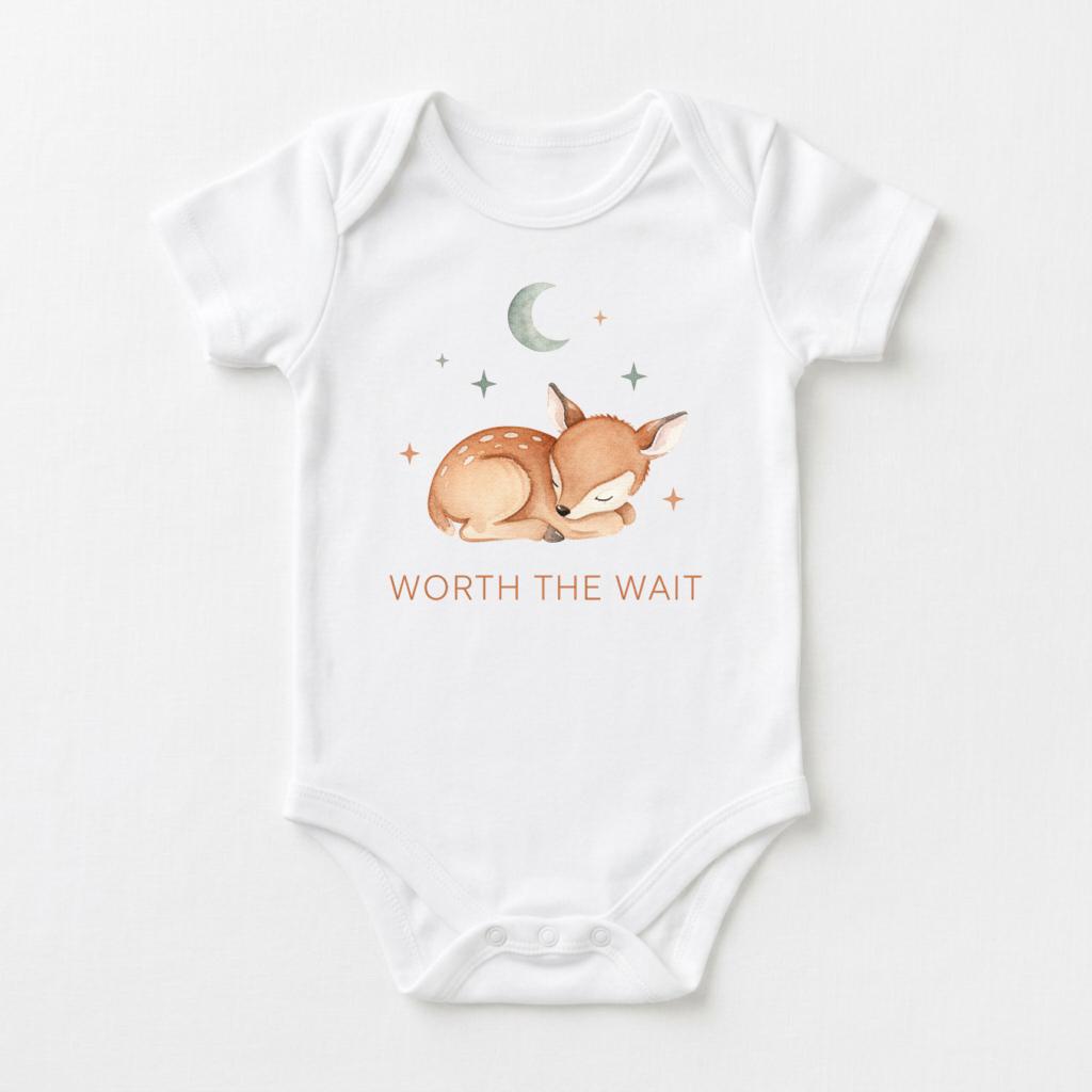Dress your little one in the Worth the Wait Baby Onesie – Sleeping Deer Bodysuit, featuring a sweet illustration of a sleeping fawn beneath twinkling stars and a crescent moon. The phrase “WORTH THE WAIT” appears below the gentle woodland scene. This adorable white bodysuit is the perfect gender-neutral baby shower gift for any baby who truly is worth the wait.