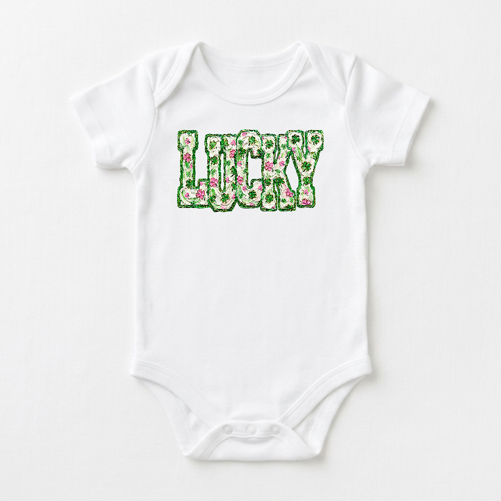 St. Patrick’s Day Baby Onesie – Lucky Floral Clover Short-Sleeve Bodysuit