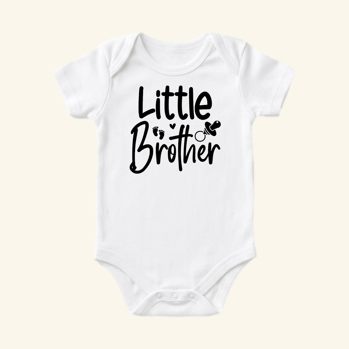 White Little Brother Baby Onesie – Sibling Bodysuit featuring Little Brother printed on the chest with icons of baby footprints, a heart, and a pacifier.