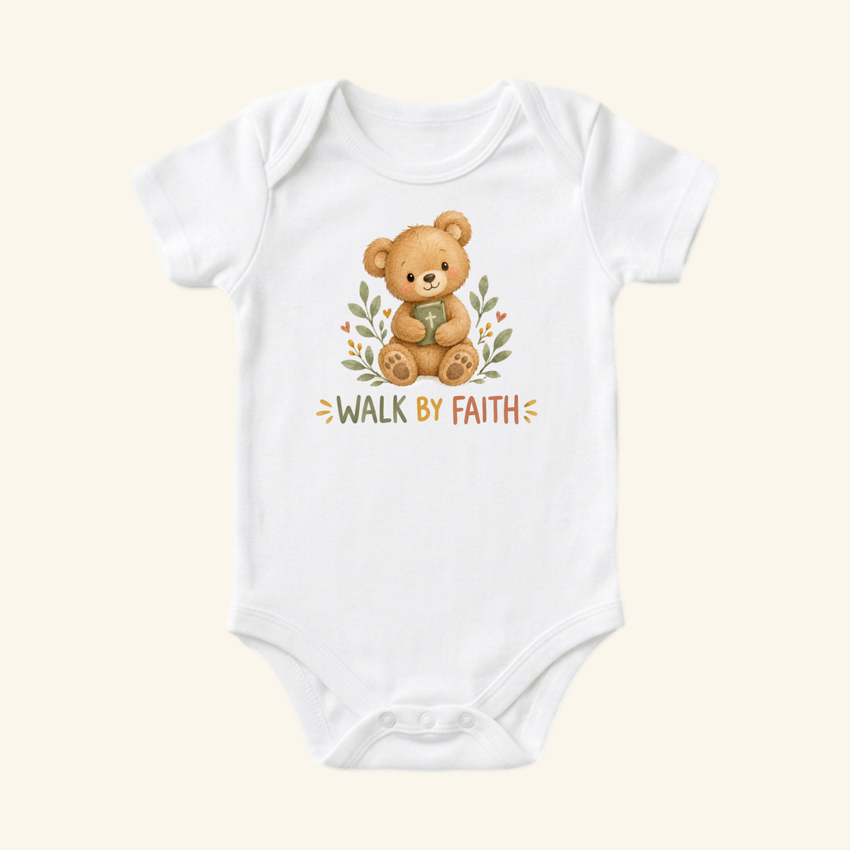 The Toodleroos Christian Baby Onesie – Walk by Faith Bear Bodysuit features a teddy bear with green leaves and flowers and WALK BY FAITH below—perfect as a Christian baby gift.
