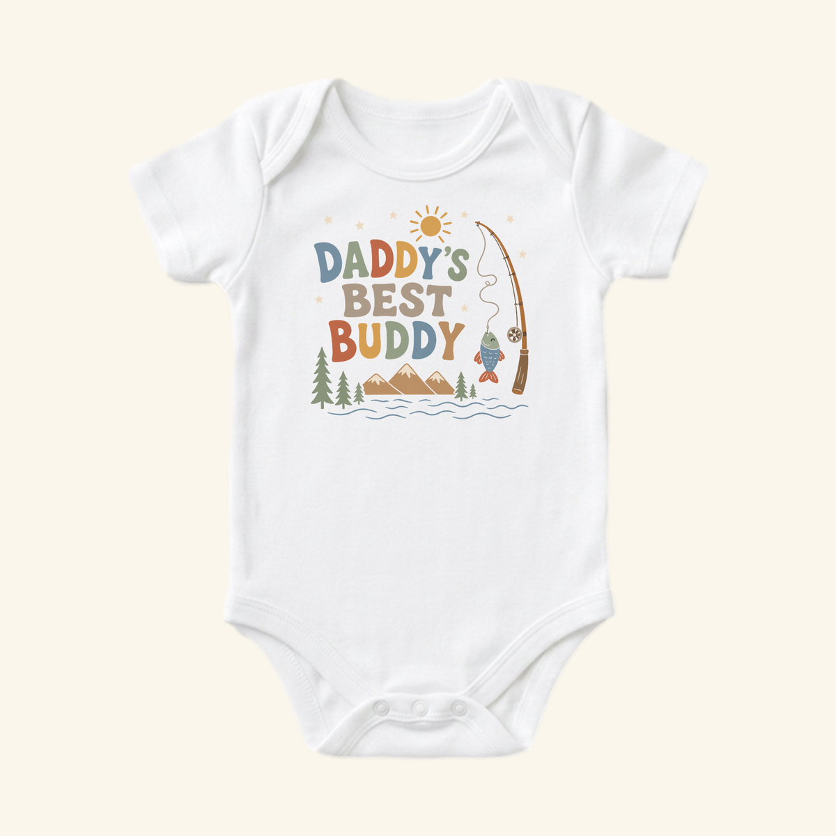 White short-sleeved Daddy’s Best Buddy Baby Onesie – Fishing Bodysuit with a graphic of a fishing rod, mountains, and a fish.