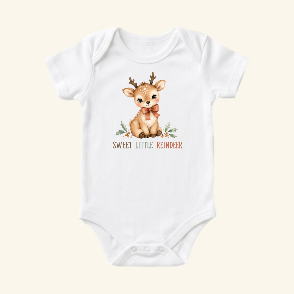 The Christmas Reindeer Baby Onesie – Sweet Little Reindeer Bodysuit from Toodleroos features a cartoon reindeer with antlers and a red scarf—perfect as a festive gift for baby.