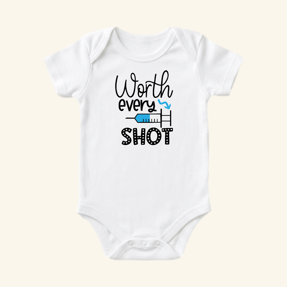 White IVF Baby Onesie – Worth Every Shot Fertility Journey Bodysuit printed with a blue syringe graphic and the text Worth Every Shot.