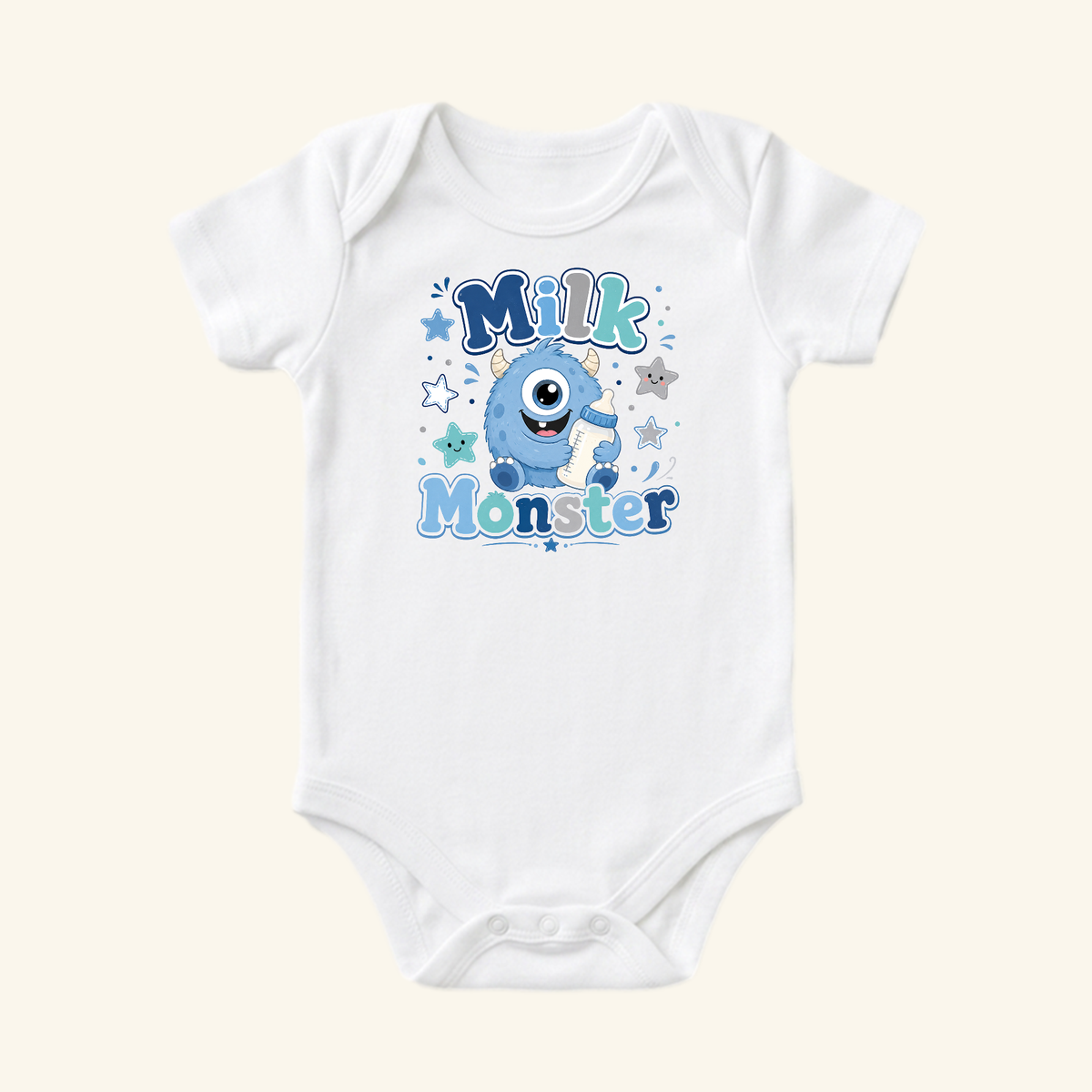 Toodleroos Funny Baby Onesie – Milk Monster Bodysuit featuring a cartoon blue Milk Monster holding a milk bottle, surrounded by scattered stars.