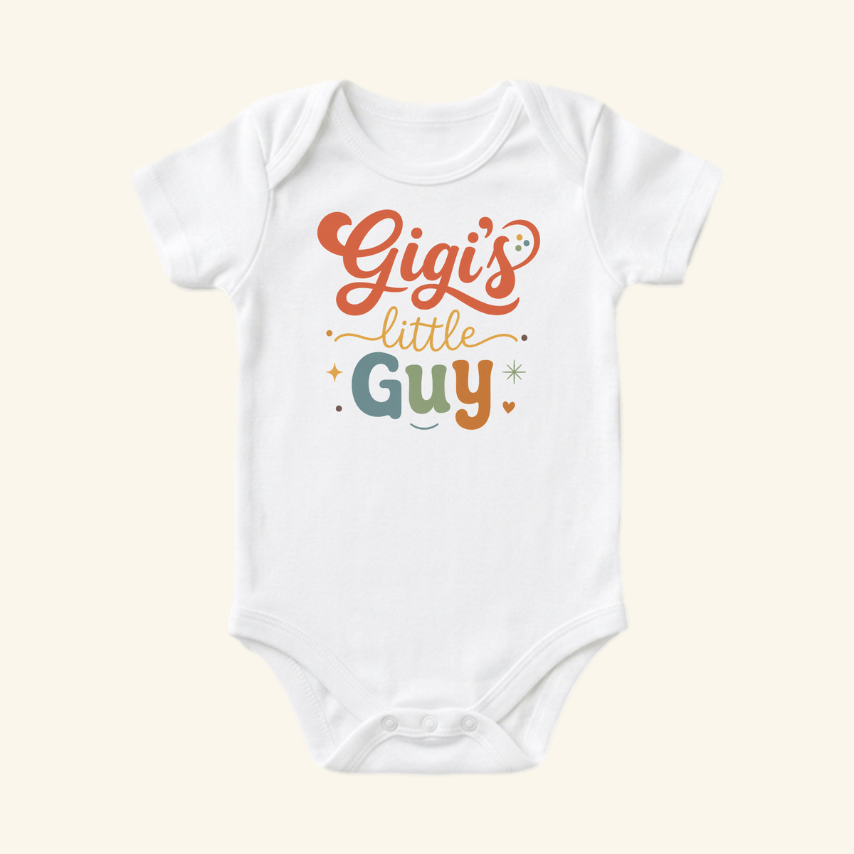 Dress your special grandson in style with the Toodleroos Gigi’s Little Guy Baby Onesie – Grandson Bodysuit, featuring Gigi’s Little Guy in bright colors surrounded by stars, hearts, and swirls.