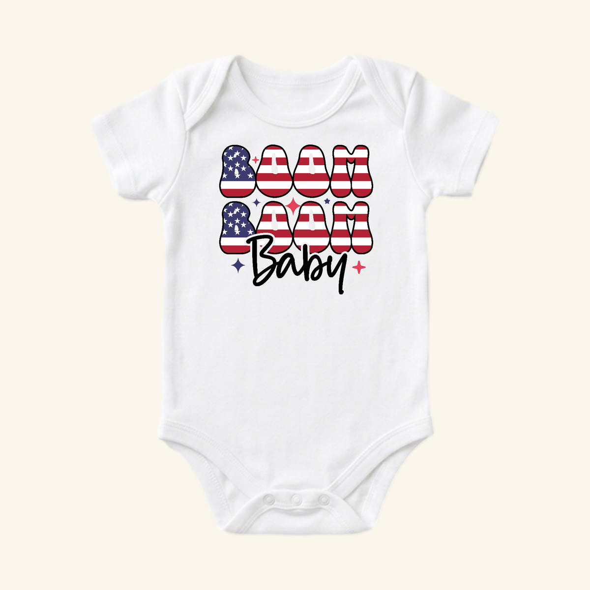 White short-sleeved 4th of July Baby Onesie – Boom Boom Baby Patriotic Bodysuit with the words Boom Baby in a star-spangled banner print.