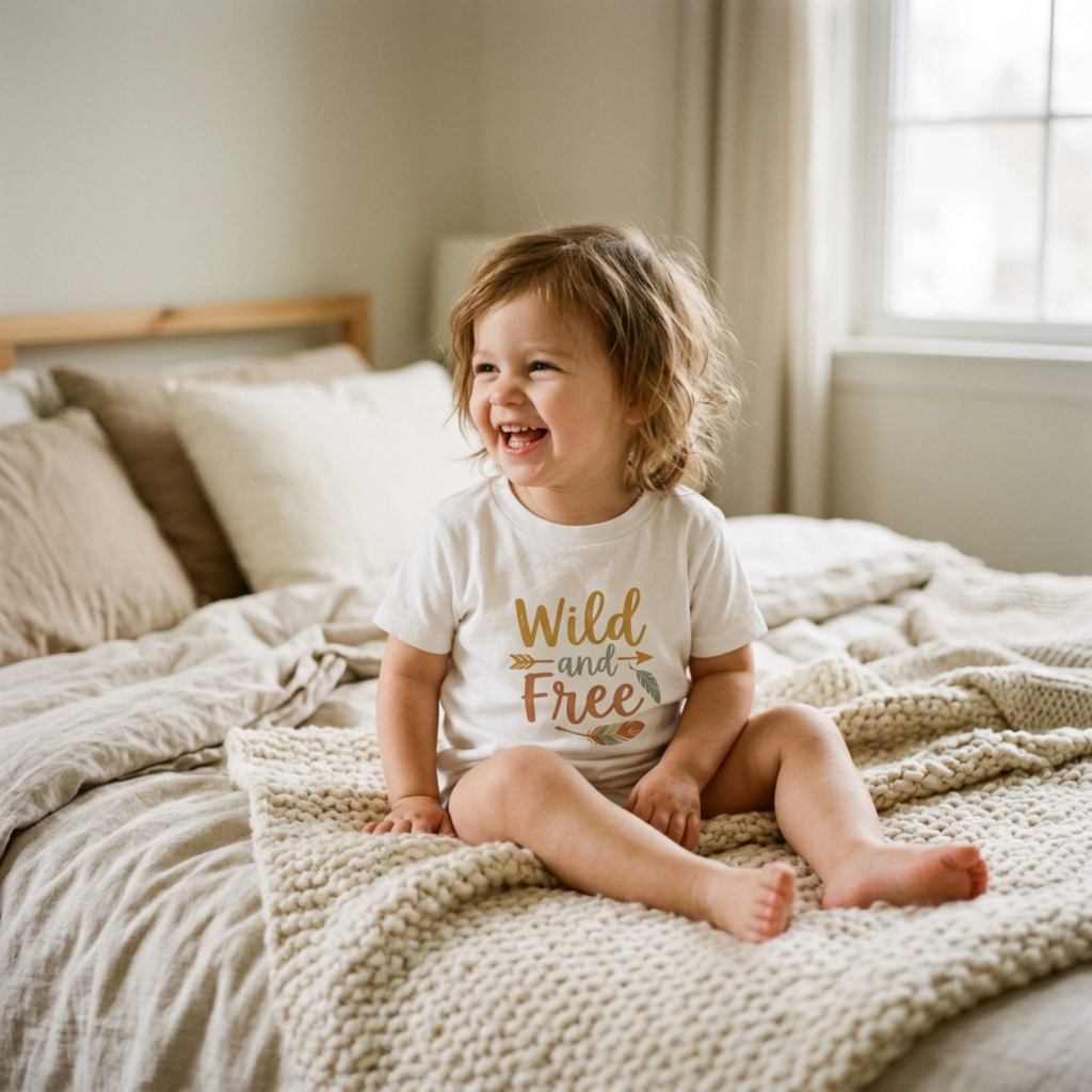 A smiling toddler with tousled hair sits on a cozy bed, wearing a white shirt that says Wild and Free in a sunlit bedroom with neutral bedding and a window in the background.
