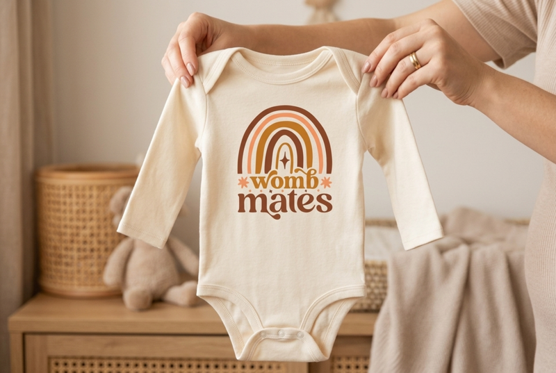 Twin babies sleeping in matching announcement onesies
