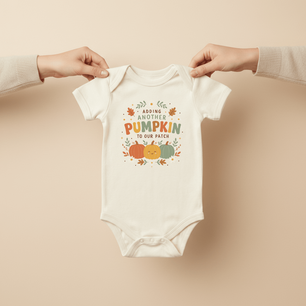 Two hands hold up the Toodleroos Fall Pregnancy Announcement Onesie – Adding Another Pumpkin Short-Sleeve Bodysuit, which features colorful pumpkins and leaves on a white background—a perfect baby announcement for a Fall pregnancy. The text on the bodysuit reads, “Adding another pumpkin to our patch.”.
