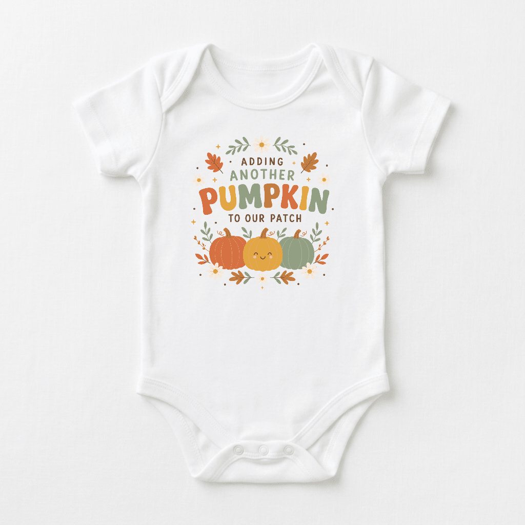 Dress your little one in the Toodleroos Fall Pregnancy Announcement Onesie – Adding Another Pumpkin Short-Sleeve Bodysuit. This white baby bodysuit features a charming illustration of fall leaves and pumpkins in orange, green, and brown autumn colors. The text reads “Adding another pumpkin to our patch,” making it a perfect pumpkin-themed onesie for an adorable Fall pregnancy or baby announcement.