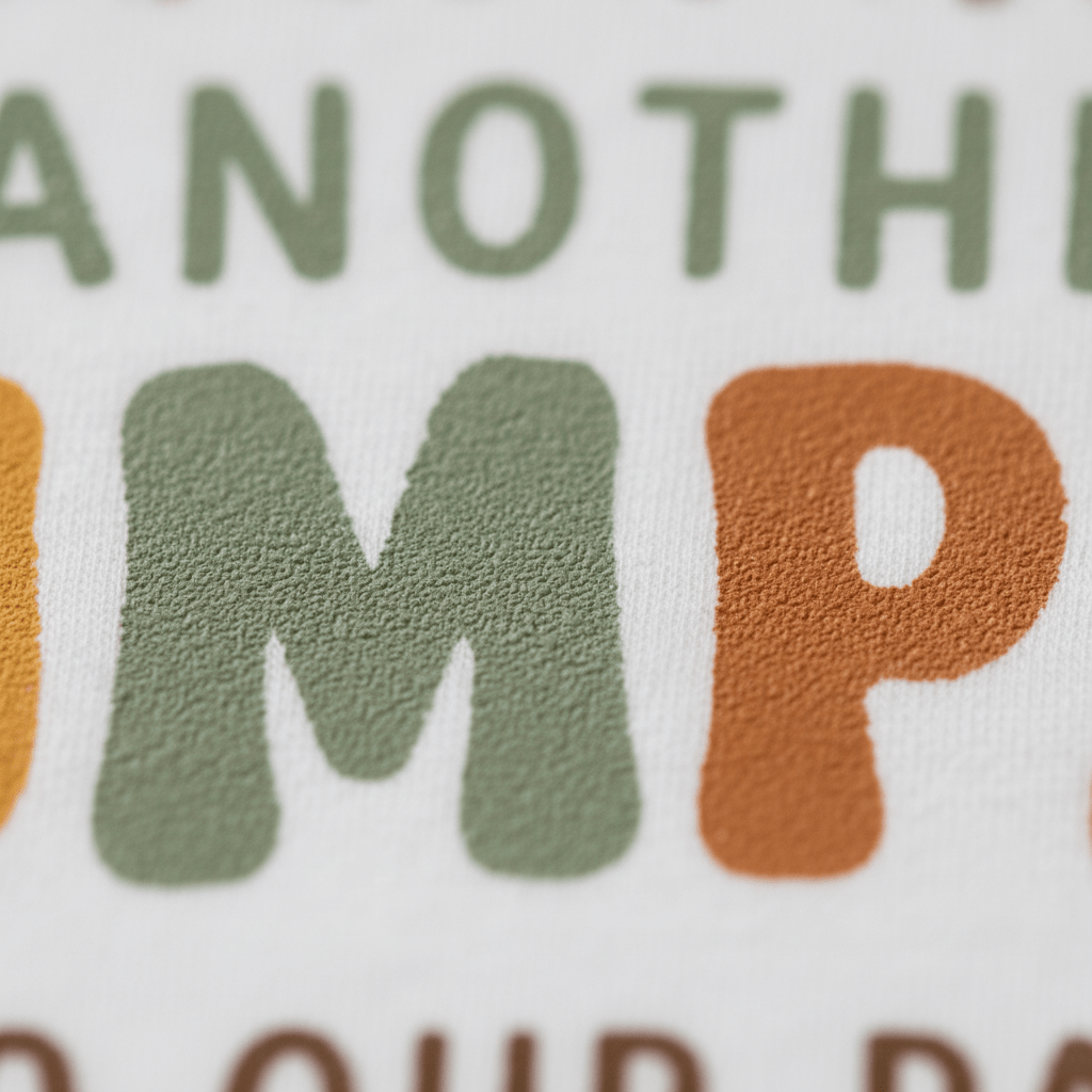 Close-up of textured, colorful letters “M” and “P” on fabric, surrounded by partial letters and words in shades of green, orange, and brown against a white background—an ideal detail from the Toodleroos Fall Pregnancy Announcement Onesie: Adding Another Pumpkin Short-Sleeve Bodysuit, perfect for a festive autumn reveal or charming fall baby announcement.
