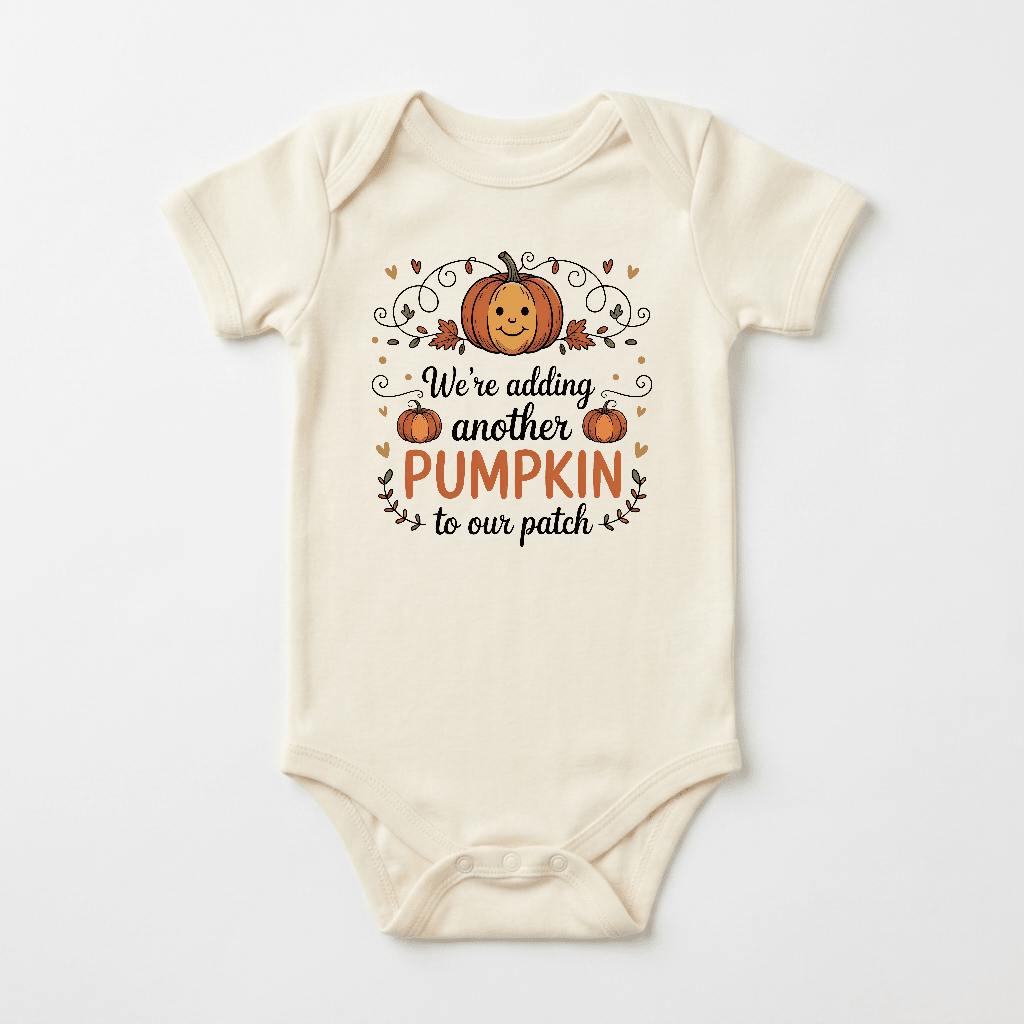 The Adding Another Pumpkin to Our Patch Baby Onesie – Fall Announcement Bodysuit by Toodleroos features a cream color with orange pumpkin illustrations, hearts, and leaves. The text on the front reads: “We’re adding another pumpkin to our patch.” This autumn-themed design is perfect for a pumpkin-themed pregnancy announcement or an autumn baby shower, making it an adorable and memorable way to share your exciting news.