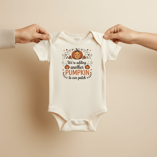A pair of hands holds the Toodleroos Adding Another Pumpkin to Our Patch Baby Onesie – Fall Announcement Bodysuit, a white baby onesie with a charming pumpkin graphic and the phrase “We’re adding another pumpkin to our patch,” making it an ideal choice for a pumpkin-themed pregnancy announcement or autumn baby shower reveal.