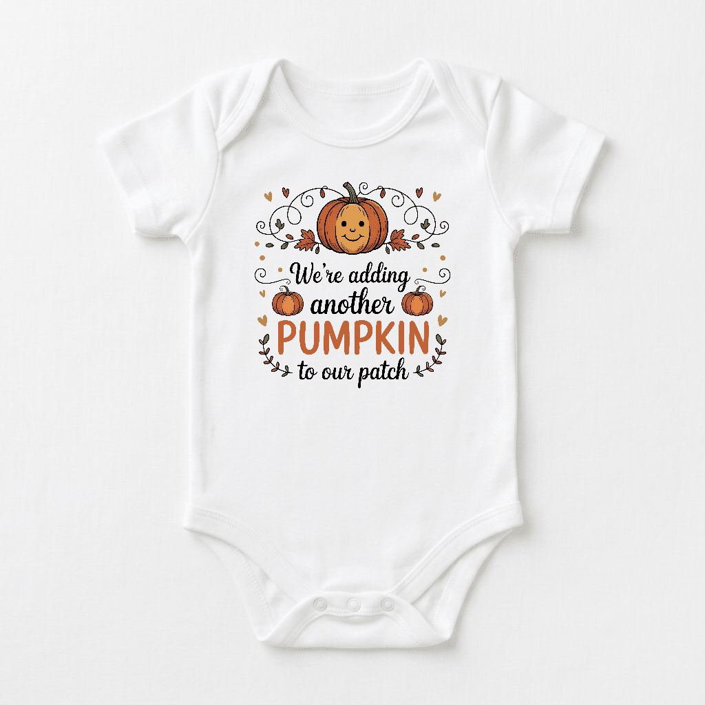 Dress your little one in the Toodleroos “Adding Another Pumpkin to Our Patch Baby Onesie – Fall Announcement Bodysuit,” featuring a charming smiling pumpkin illustration with the phrase: “We’re adding another pumpkin to our patch,” surrounded by orange and brown hearts and leaves. This adorable fall onesie is perfect for a pumpkin-themed pregnancy announcement or as a sweet outfit at your autumn baby shower.