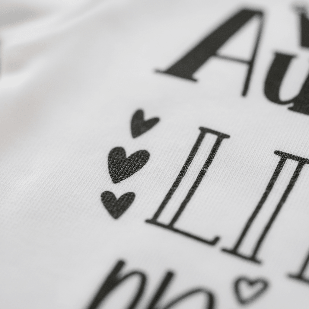 Close-up of bold black lettering and heart shapes printed on soft white fabric, revealing portions of a playful, sweet message. The charming design is featured on the Toodleroos Aunties Little Princess Baby Onesie – Crown Aunt Bodysuit, making it a delightful choice for gifting to an aunt and her niece. Perfectly suited for baby girl onesies, this thoughtful piece blends love and style in every detail.