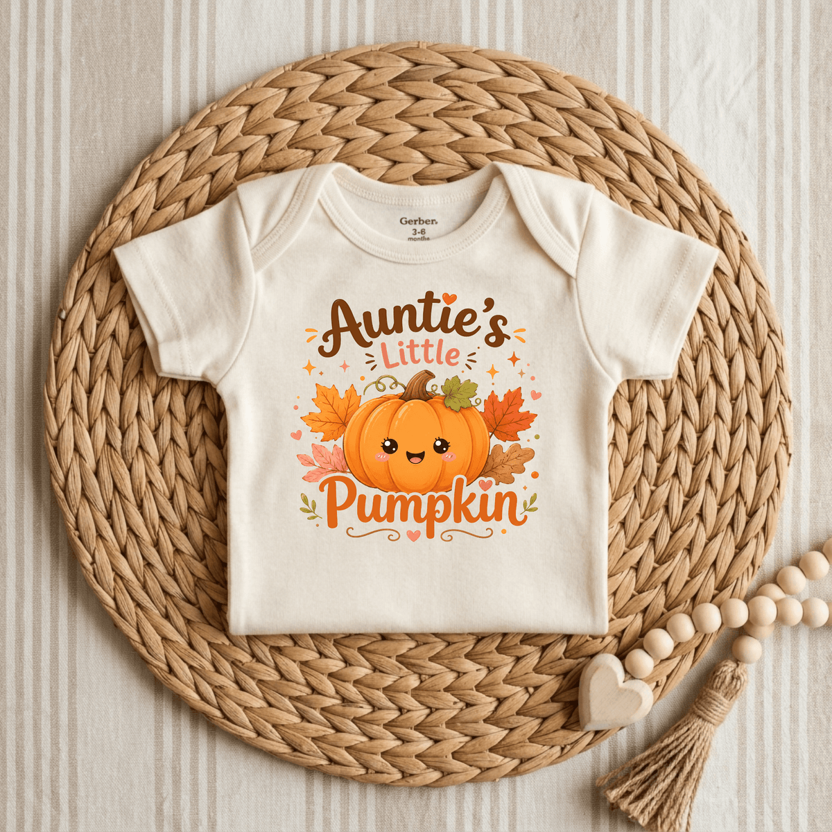 The Toodleroos Auntie’s Little Pumpkin Baby Onesie – Fall Pumpkin Bodysuit is displayed on a woven placemat, showcasing an adorable pumpkin design with “Auntie’s Little Pumpkin” text and autumn leaves. Wooden beads and a heart ornament beside the fall-themed bodysuit make it the perfect outfit for your little one’s next pumpkin patch outing.