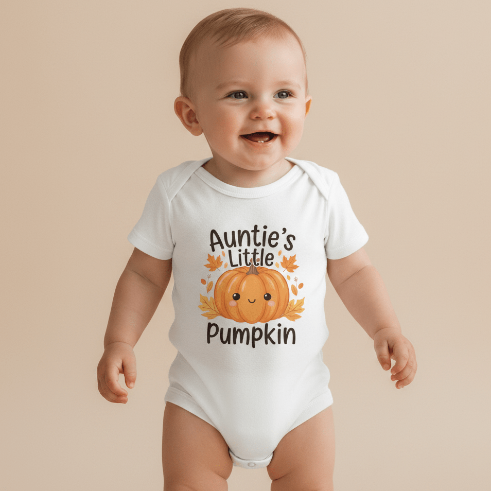 A cheerful baby wears the Toodleroos Auntie’s Little Pumpkin Baby Onesie – Fall Pumpkin Bodysuit, featuring an adorable pumpkin graphic and the phrase “Auntie’s Little Pumpkin” on the front, standing against a simple beige background—ideal as a sweet pumpkin patch outfit or seasonal fall bodysuit.