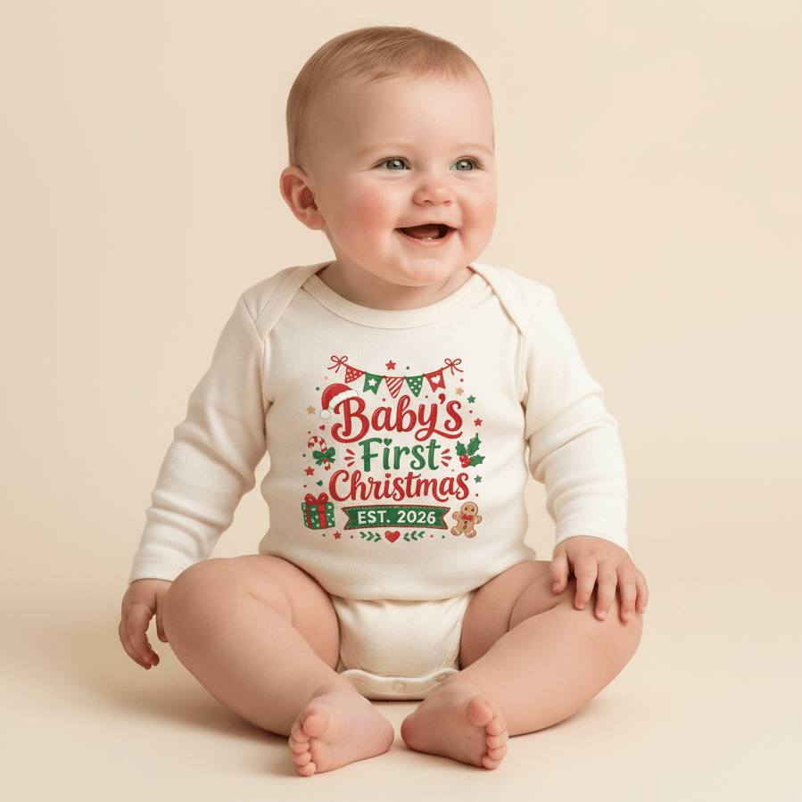 A joyful baby sits on a beige background, dressed in the Toodleroos Baby’s First Christmas Est. 2026 Long Sleeve Onesie – Holiday Keepsake Bodysuit. The festive design features “Baby’s First Christmas EST. 2026” surrounded by holiday decorations such as gifts, stars, and a gingerbread man—a perfect outfit for your little one’s Christmas memories in 2026.