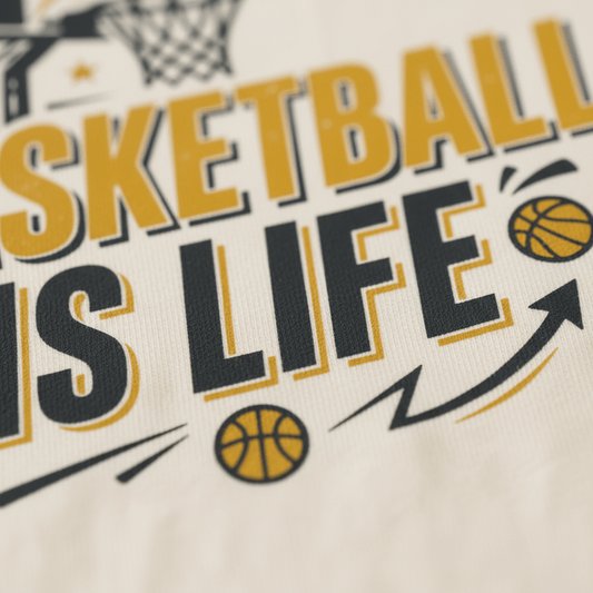 Close-up of the Toodleroos Basketball Is Life Youth Shirt—a sports-themed kids tee—showing bold black and gold “BASKETBALL IS LIFE” text accented with basketball icons and arrow graphics.