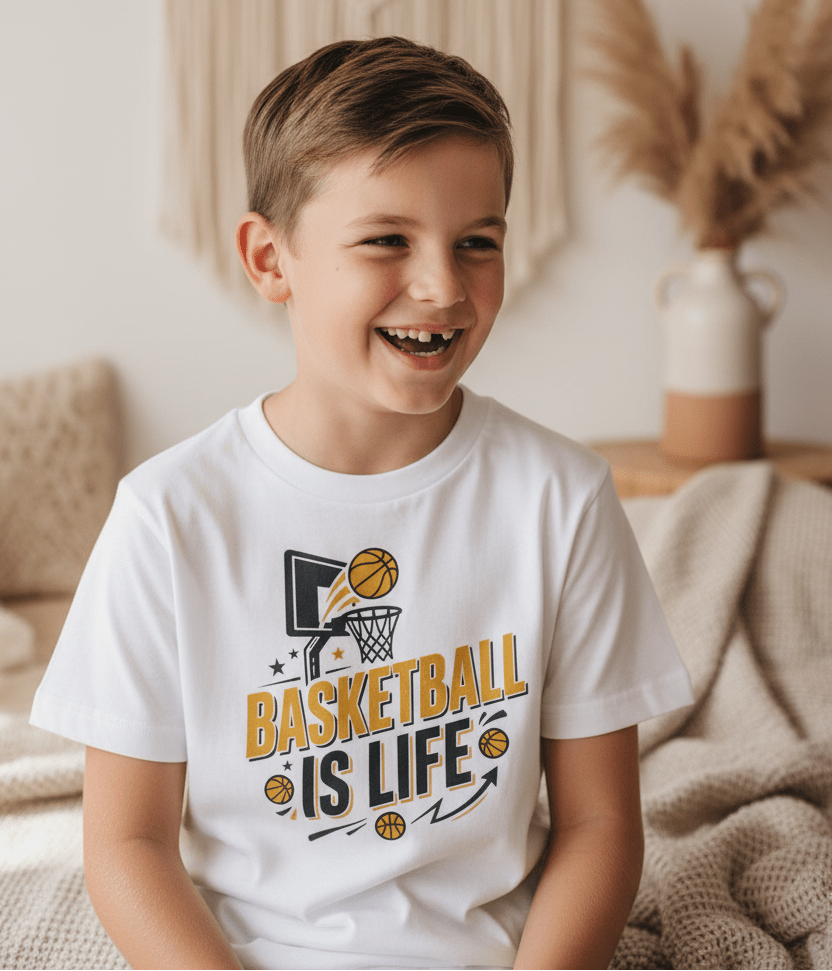 A smiling boy sits indoors on a bed with beige blankets and pillows, wearing the Toodleroos “Basketball Is Life” Youth Shirt—a sports-themed kids tee—with dried plants in the background.