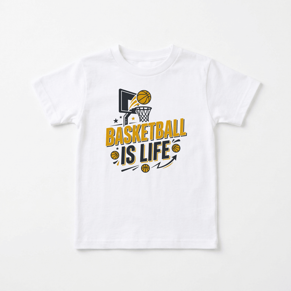 The Toodleroos Basketball Is Life Youth Shirt is a sports-themed kids tee featuring a white design with a graphic of a basketball swishing through a hoop above the bold “Basketball is Life” text, accented by small stars and basketball icons—perfect for aspiring young athletes.