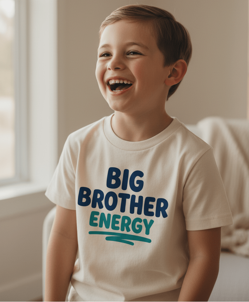 A cheerful young boy wears the Toodleroos Big Brother Energy Toddler Shirt – Confident Sibling Tee, featuring bold blue and teal lettering, as he proudly sits indoors near a window after his exciting promotion to big brother.