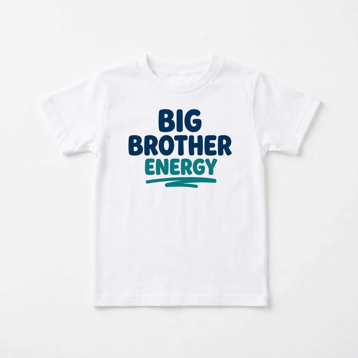 Introducing the Toodleroos Big Brother Energy Toddler Shirt – Confident Sibling Tee: a crisp white t-shirt featuring “BIG BROTHER ENERGY” boldly printed on the front in striking navy and teal letters, perfect for celebrating your little one’s exciting promotion to big brother.