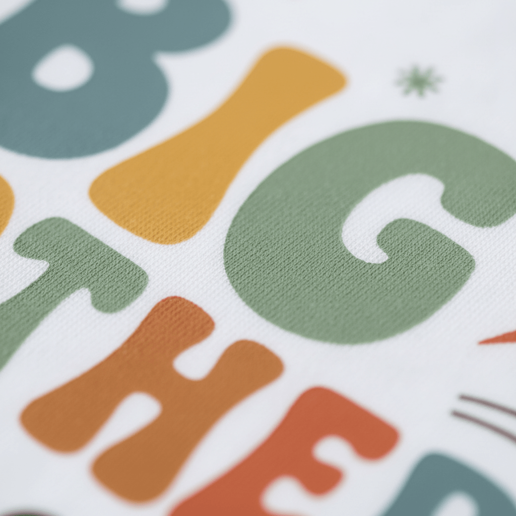 Close-up of the Toodleroos “Big Brother Energy Toddler Shirt – Retro Graphic Design,” displaying bold, colorful retro letters in green, yellow, and orange on white textured fabric. Perfect as a big brother shirt or for a fun pregnancy announcement.