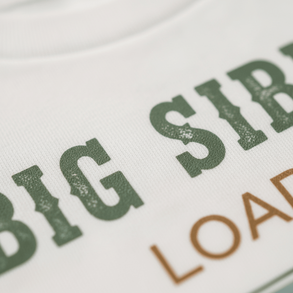 Close-up of a white toddler shirt from Toodleroos featuring green, textured “BIG SIB” lettering and partially visible brown text reading “LOADING” below. The focus highlights the soft fabric and detailed print, making it an ideal Big Sibling Loading Toddler Shirt for pregnancy announcements.