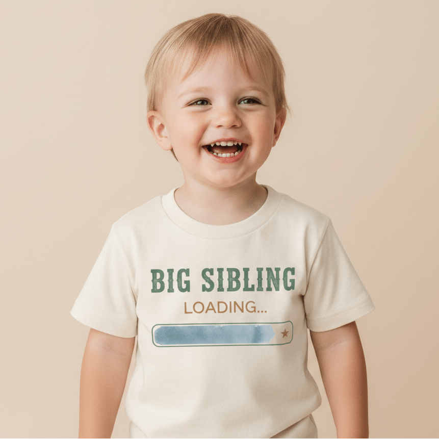 A happy young child models the Toodleroos Big Sibling Loading Toddler Shirt – Pregnancy Announcement, featuring “BIG SIBLING LOADING…” and a partially filled loading bar on a white t-shirt, set against a neutral backdrop. This charming shirt is the perfect way to share your growing family’s news!.