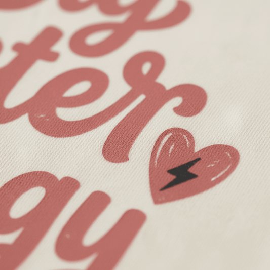 Close-up of pink cursive text that reads “Big Sister Energy” on a light background, accented with a small pink heart featuring a black lightning bolt design—a perfect Toodleroos Big Sister Energy Toddler Shirt for any confident sibling recently promoted to big sister.